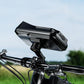 Black waterproof phone mount attached to motorcycle handlebar with clamp bracket