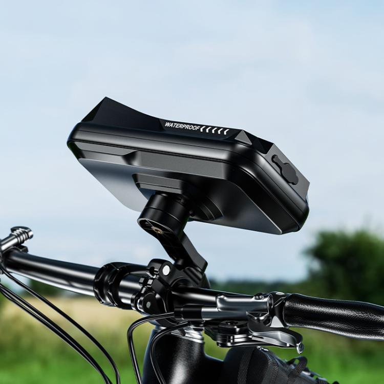 Black waterproof phone mount attached to motorcycle handlebar with clamp bracket