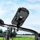 Black phone mount with protective screen cover mounted on bike handlebar bar