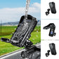 Black waterproof phone mount with clear front window, shown with water splash