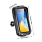 Black waterproof phone mount with transparent screen window and size guide diagram