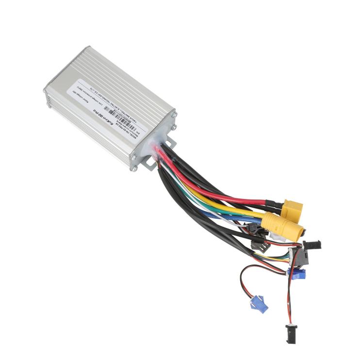Electric scooter controller module with wiring connectors and label on silver case