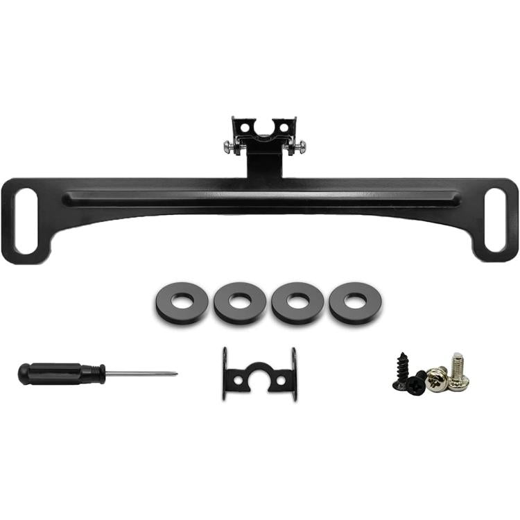 Black metal license plate bracket for reversing camera, with mounting hardware