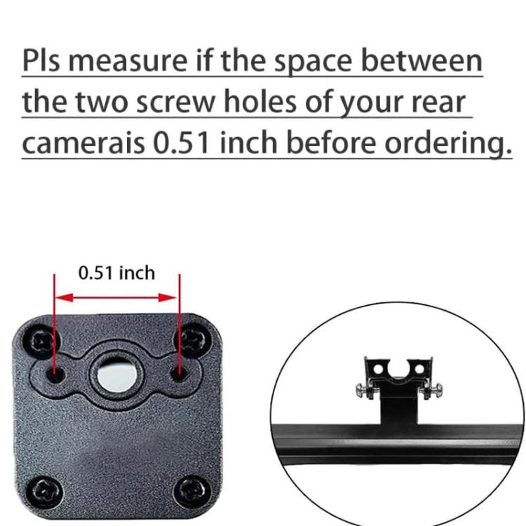 Reversing camera license plate bracket showing screw-hole spacing measurement