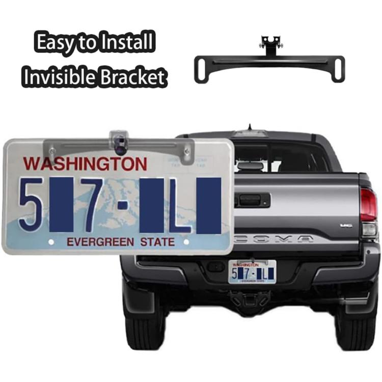 Universal rear camera license plate bracket mounted on vehicle