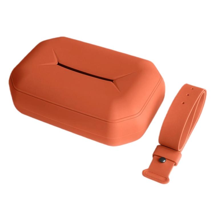 Orange silicone hanging tissue box with adjustable strap and mounting clip