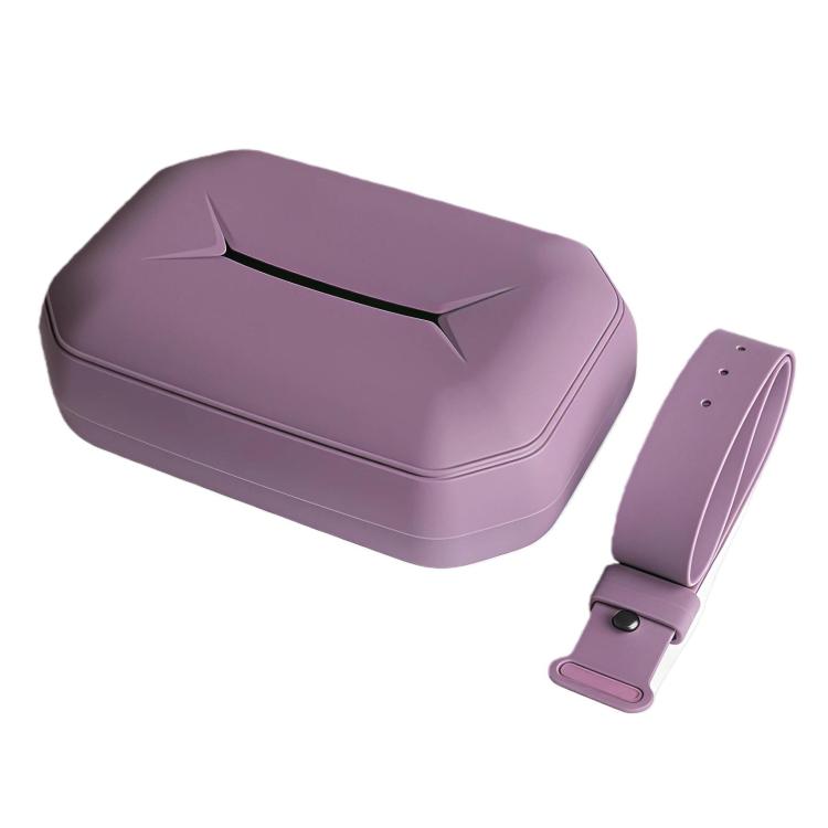 Purple silicone hanging tissue box with adjustable strap and mounting clip