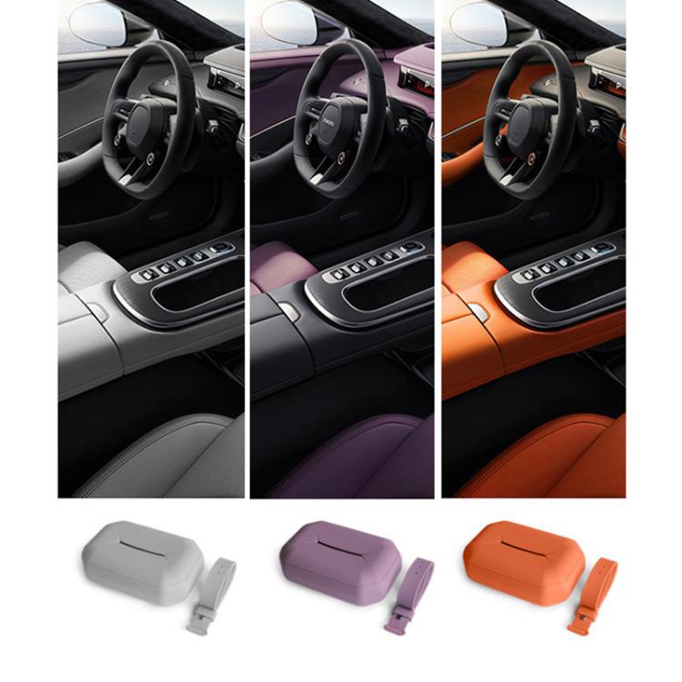 Silicone hanging tissue box with strap in gray, purple, and orange