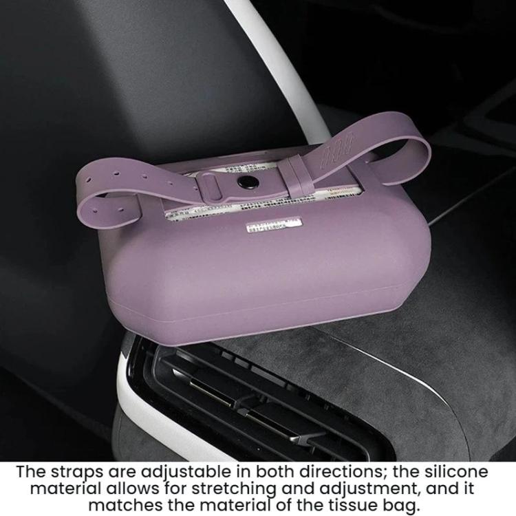 Purple silicone hanging tissue box with adjustable strap for seat mounting