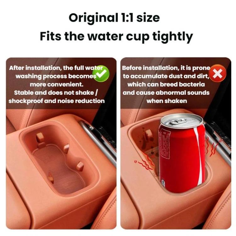 Orange silicone water bottle pad insert installed in armrest, holding a soda can