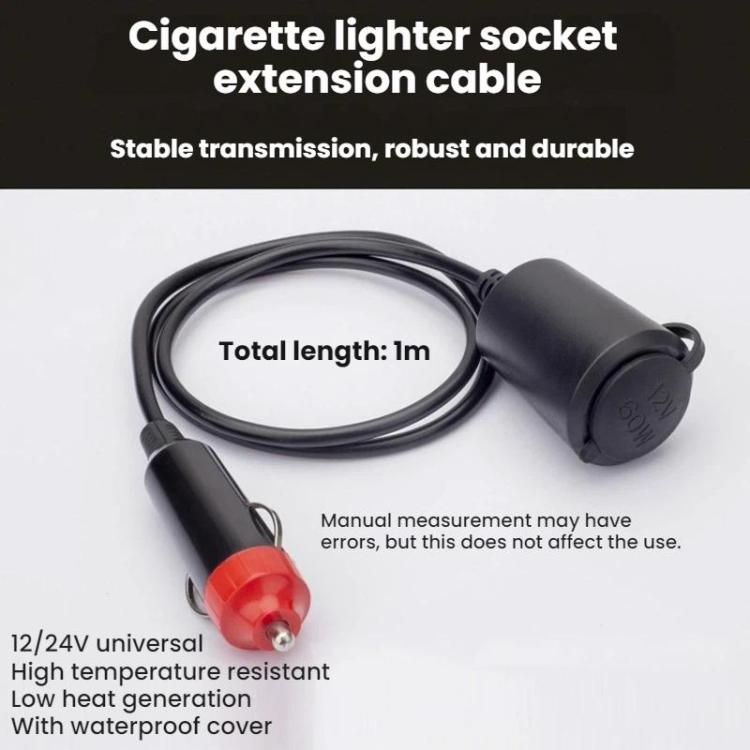 Black 1 m cigarette lighter socket extension cable with red-tipped plug