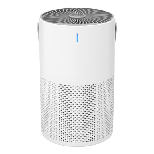 White cylindrical air purifier with top fan grille and perforated side vents