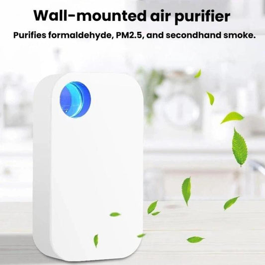 Wall-mounted air purifier with blue LED glow, compact white housing