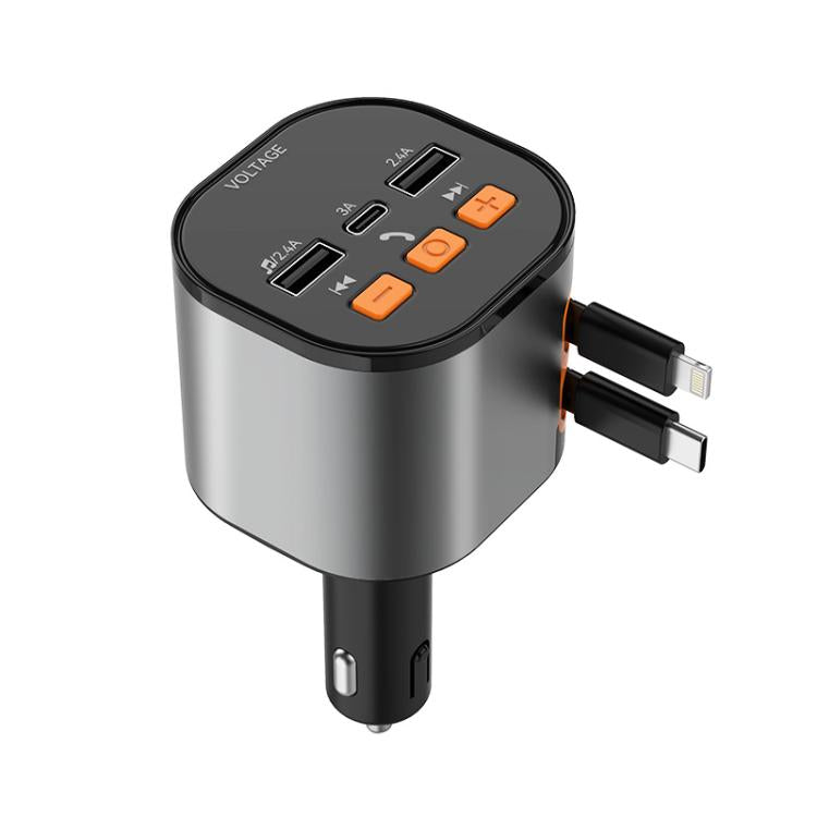 Car USB fast charger adapter with silver body and black control panel, multiple ports