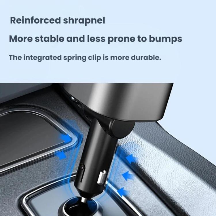 Car charger adapter with spring clip mount and two output ports at the base