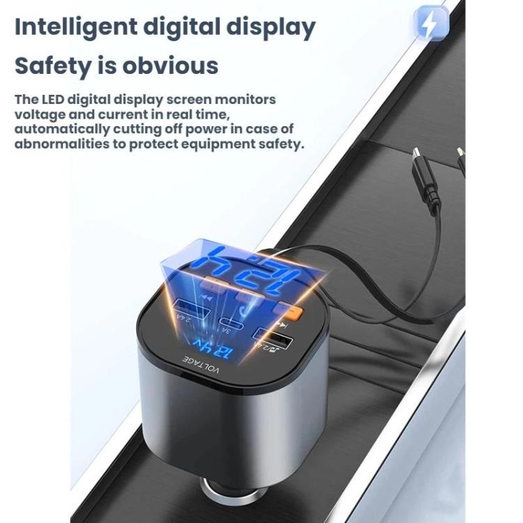 Car charger adapter with digital blue LED display and visible USB charging ports