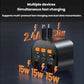 Car charger adapter with black control panel and multiple power-output indicators