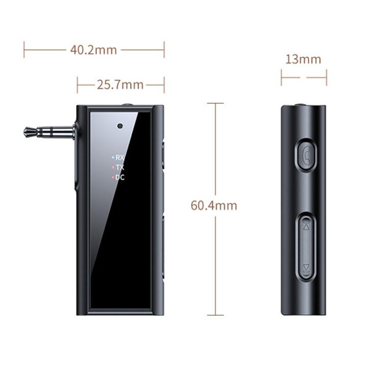 Black car AUX Bluetooth adapter with side buttons, audio plug, and size diagram
