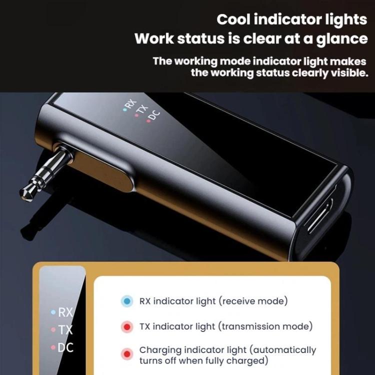 Car AUX Bluetooth adapter with RX/TX/DC indicator lights, black metal body