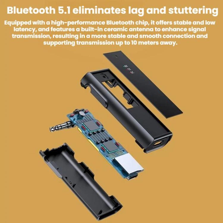 Black car AUX Bluetooth transmitter/receiver with exposed internal parts and charging port