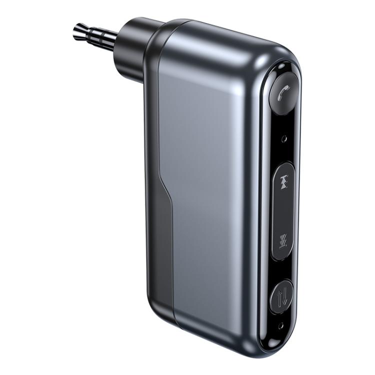 Black Bluetooth audio adapter with 3.5mm plug and side control buttons