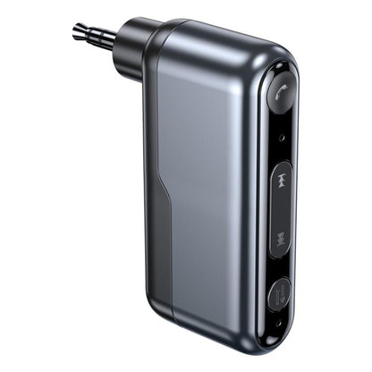Black Bluetooth audio adapter with 3.5mm plug and side control buttons