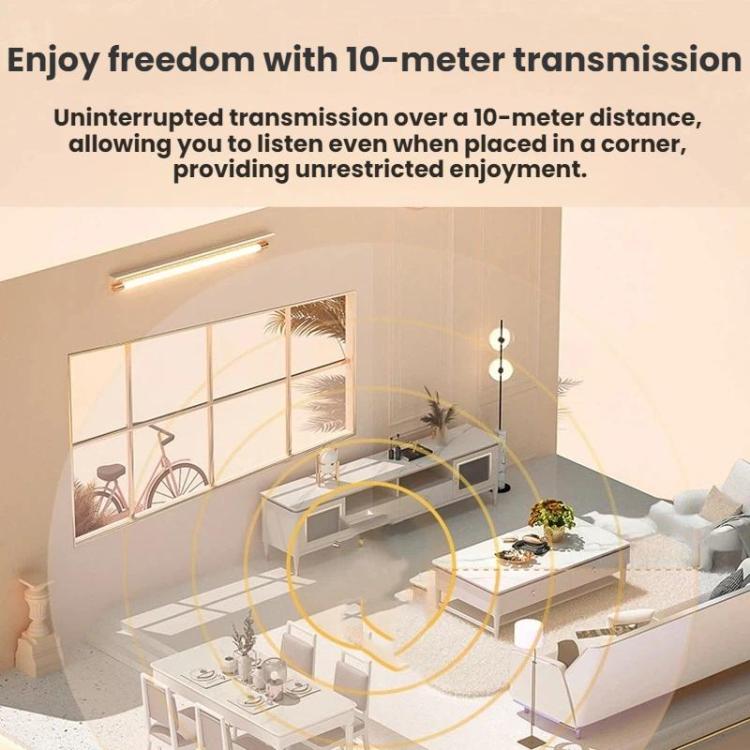 Living room illustration with wireless audio range lines around the seating area