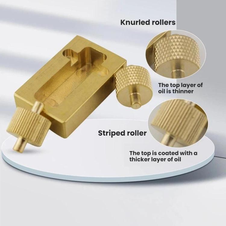 Copper edge oil applicator with knurled rollers and grooved applicator top