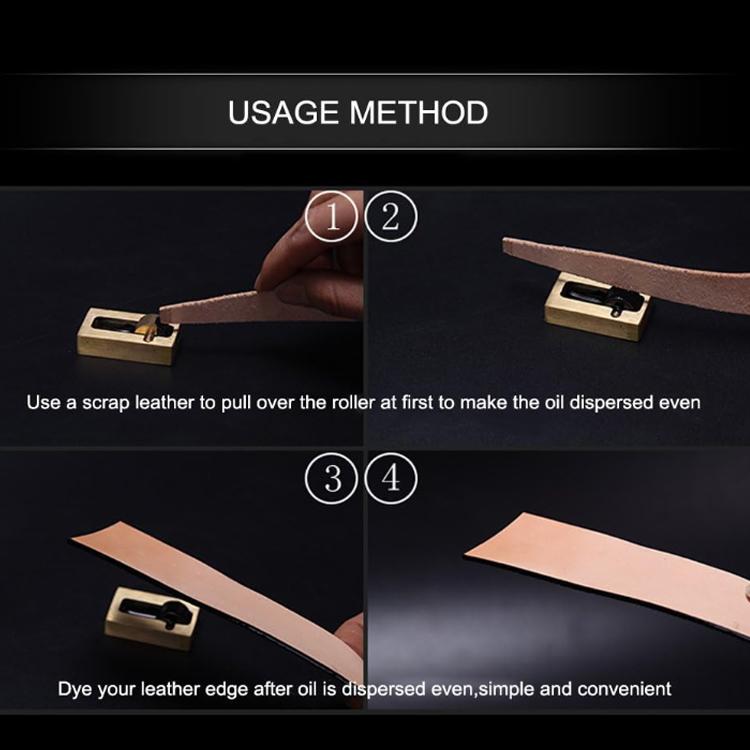 Copper edge oil applicator tool rolling oil onto a leather edge with knurled roller
