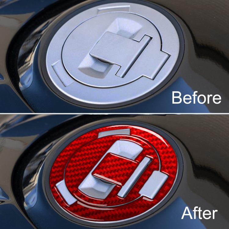 Fuel tank cap sticker with red carbon-fiber weave, chrome trim, and silver center insert