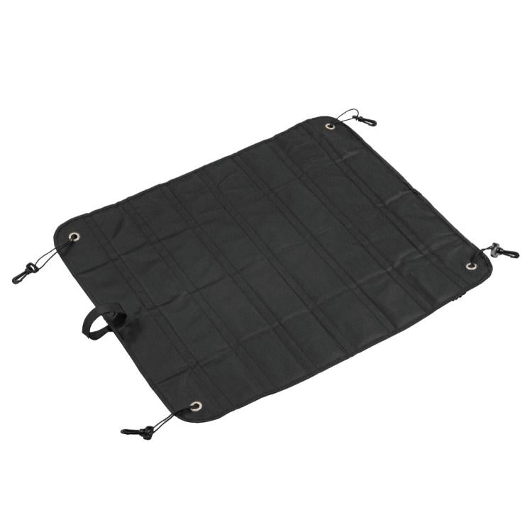 Foldable car trunk bumper protective mat, dark fabric with corner grommets and ties