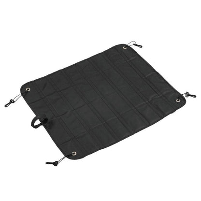 Foldable car trunk bumper protective mat, dark fabric with corner grommets and ties