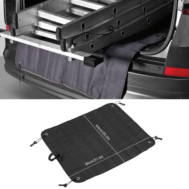 Foldable car trunk bumper protective mat with size markings and four tie straps