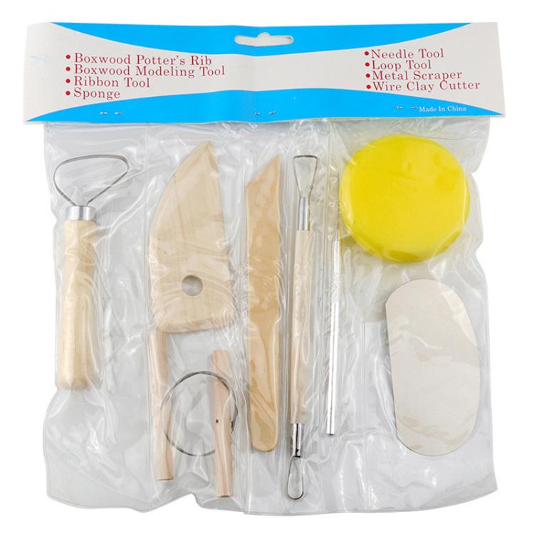 Packaged 8-piece wooden pottery tool set with metal modeling and needle tools