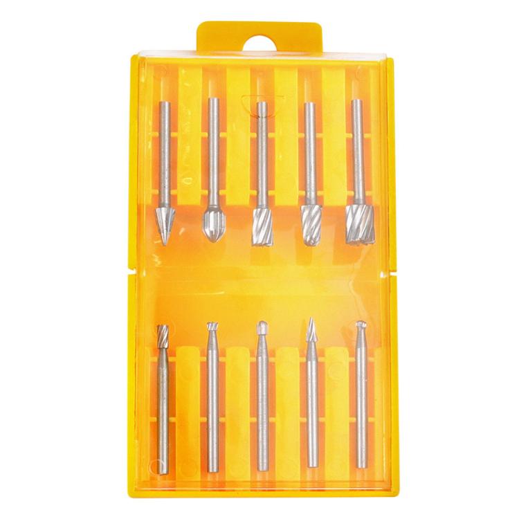 Rotary file set in yellow plastic case with 10 assorted metal carving bits