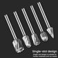 Close-up of multiple rotary burr tips on silver metal shanks
