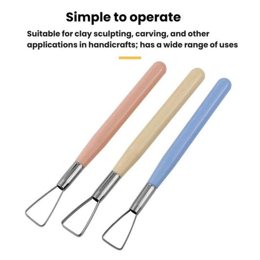 Three clay sculpting and embossing tools with metal loop tips and pastel colored handles