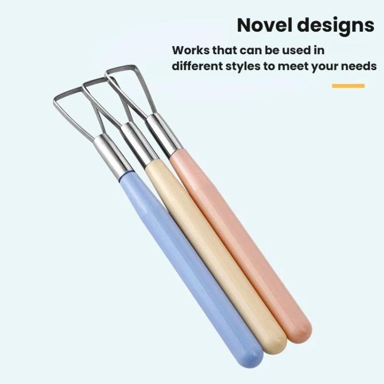 Three clay sculpting tools with metal loop tips and pastel blue, beige, and peach handles