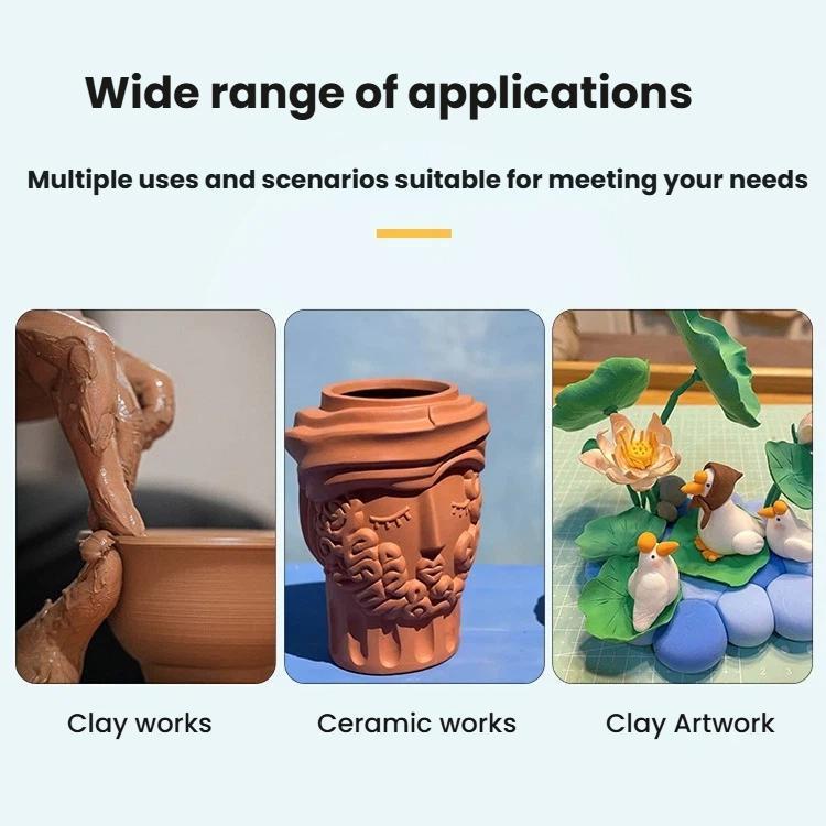 Three-panel display of clay and ceramic artwork created with sculpting tools