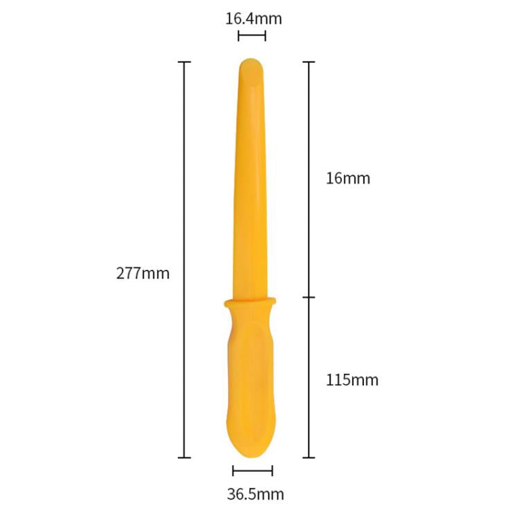 Yellow plastic pry bar with labeled size diagram