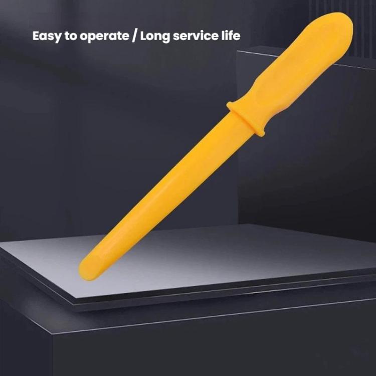 Yellow plastic tire pry bar with molded handle collar