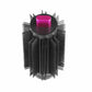 Round brush attachment with dense black bristles and rose pink center cap