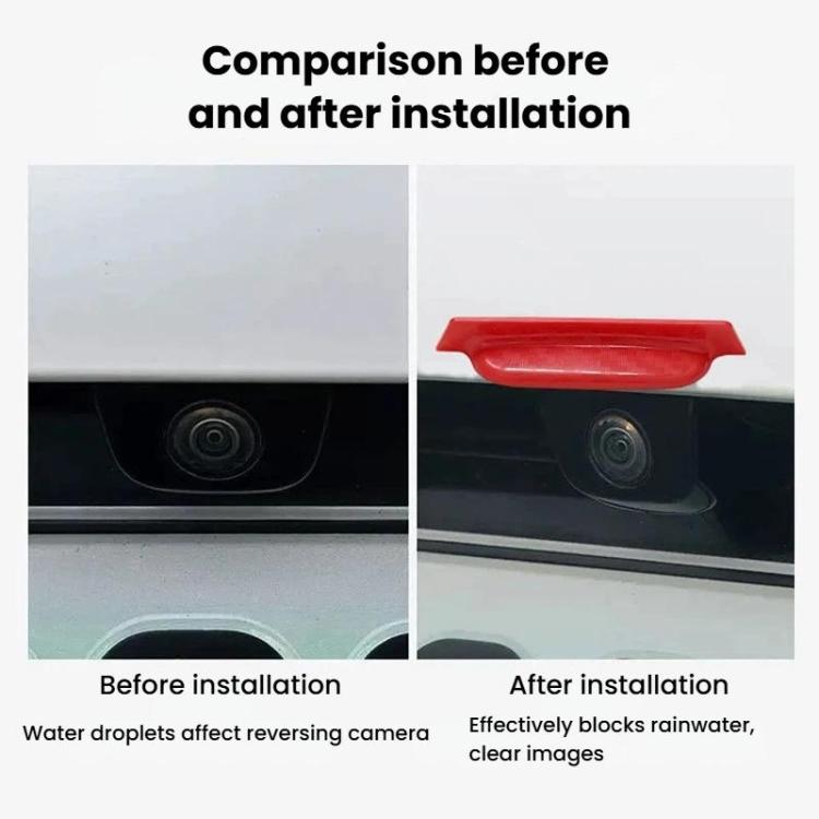 Red rear camera rain shield installed over camera lens, before/after view