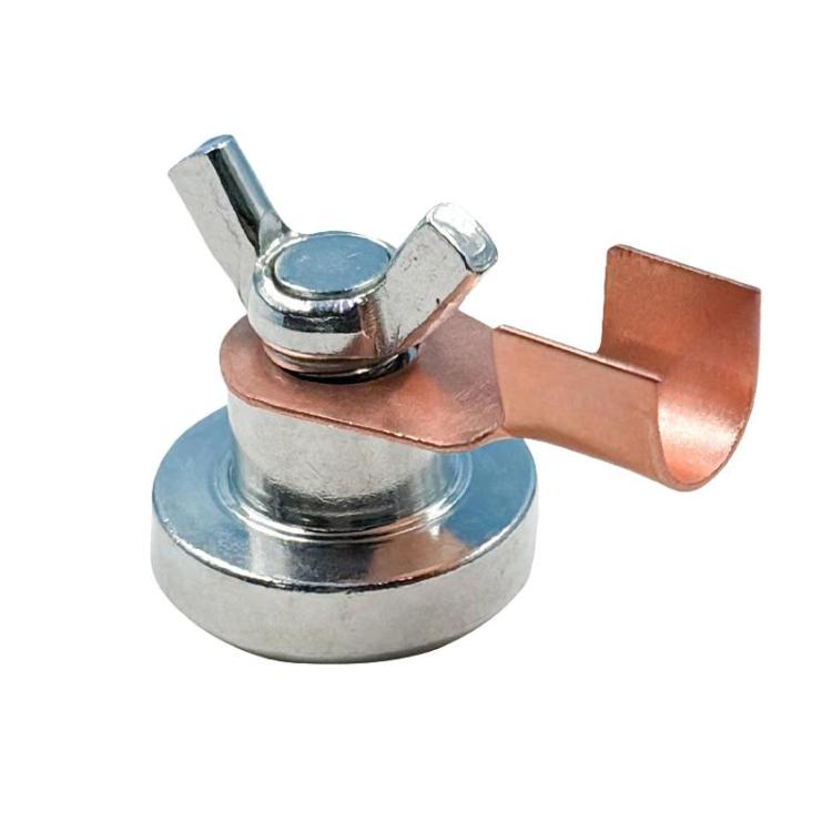 Magnetic grounding clamp with copper contact strap and steel circular base