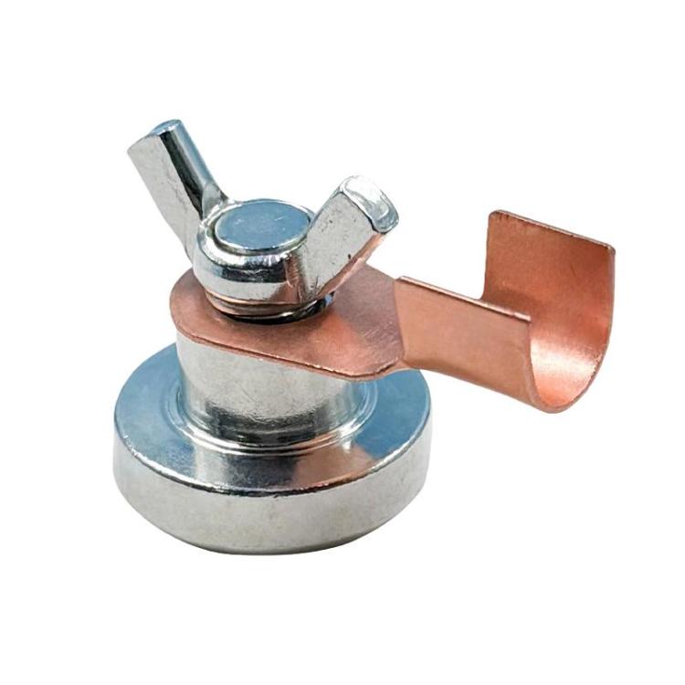 Magnetic grounding clamp with copper contact plate on chrome circular magnet base