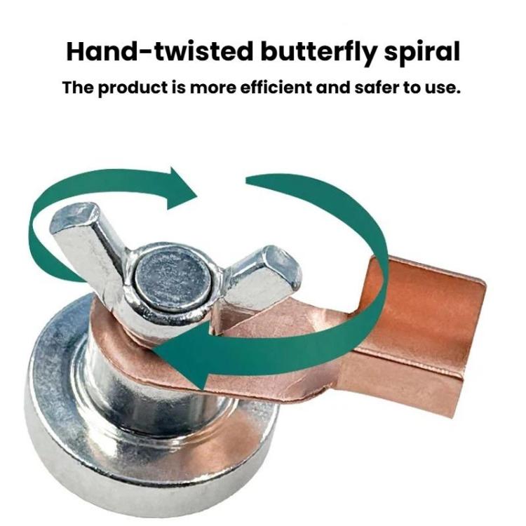 Magnetic grounding clamp with copper strap contact and wing bolt connector