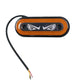 Orange waterproof LED strobe light with black bezel, two screws, and wired power leads