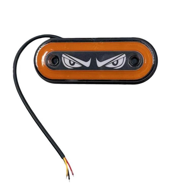 Orange waterproof LED strobe light with black bezel, two screws, and wired power leads