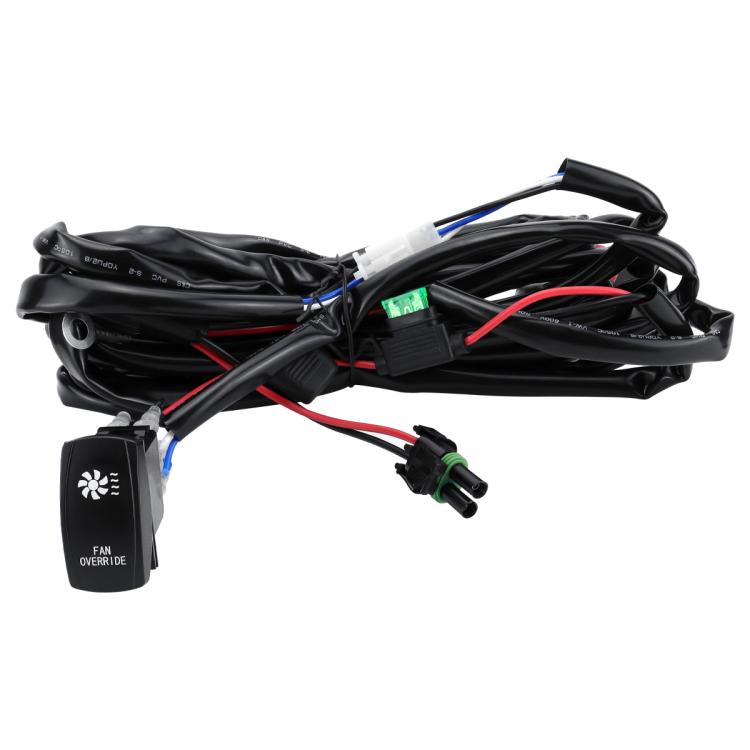 Black wiring harness with fan override switch and electrical connectors