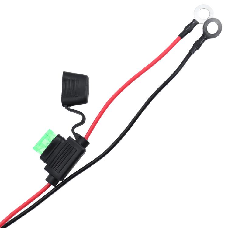 Black and red wire pigtail with ring terminal and green connector